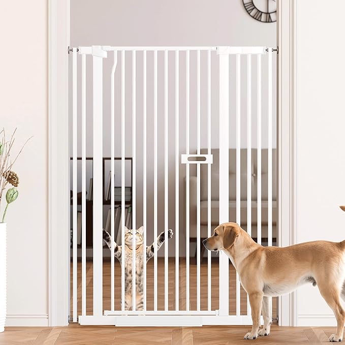 55.1" Extra Tall Cat Gate for Doorways, Dog Gate Indoor for Stairs/Hallways/Kitchen, 34-38.1" Wide Include 4.13" Extension Kits, No Drilling Auto Close High Pressure Mounted, White