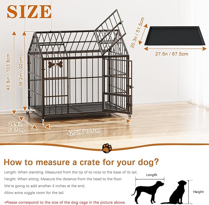 Dosker Heavy Duty Dog Crate 42 Inch,XL Large/Medium Pet Dog Cage Kennel Indoor,Steel Escape Proof Cage with Roof Top 2 Doors Removable Trays,Lockable Wheels