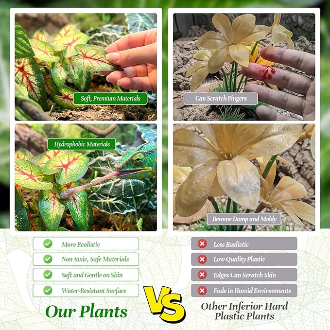 5 Pcs Reptile Plants & Habitat Decor Kit - 3 Artificial Plants & Large 3.3ft Jungle Vine Branch, TTerrarium Hanging Plants Vines for Crested Gecko, Leopard,Bearded Dragon, Lizard,Chameleon,Ball Python
