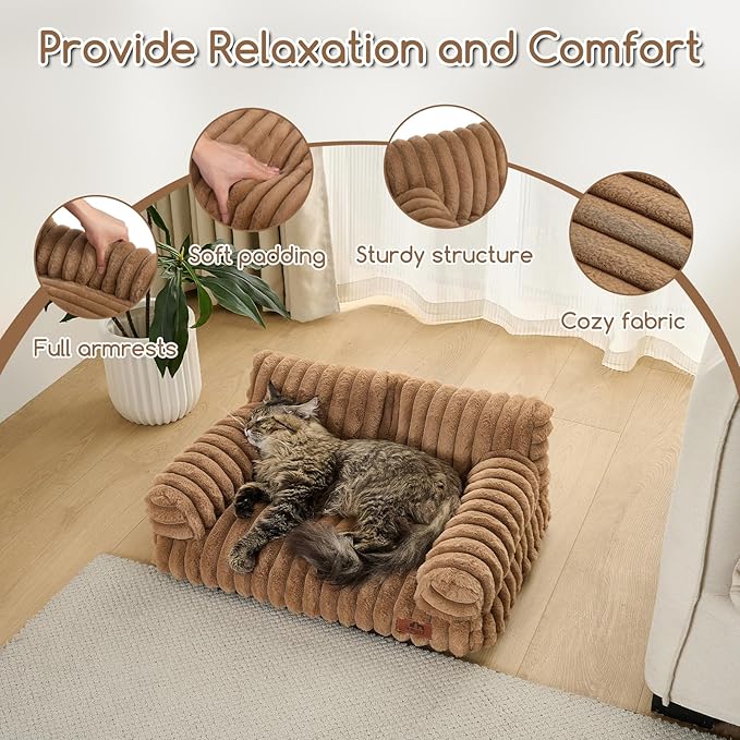 Hollypet Fluffy Dog Cat Bed Pet Couch Beds Plush Soft Warming Washable Puppy Bed for Small Medium Dogs and Large Cats, Brown, 24" L x 18" W x 10" Th