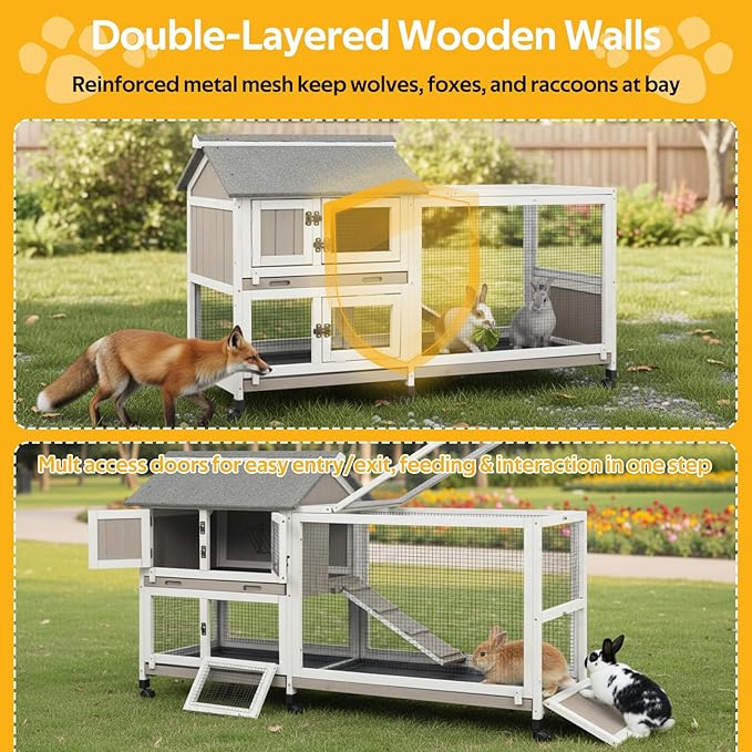 PetsCosset Rabbit Hutch Outdoor Bunny Hutch 2-Story Wooden Indoor Rabbit Cage with Run, 6 Wheels, Waterproof 3 Leak Proof Trays, Ramp, Weatherproof Asphalt Roof for Animals Pets, Expandable Design