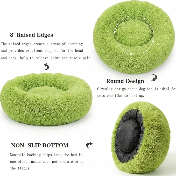 Calming Dog Bed for Medium Dogs Washable Donut 30 inches Anti-Slip Pet Bed,Round Fluffy Plush Faux Fur Cat Bed,Fits up to 45 lbs Pets,Grey