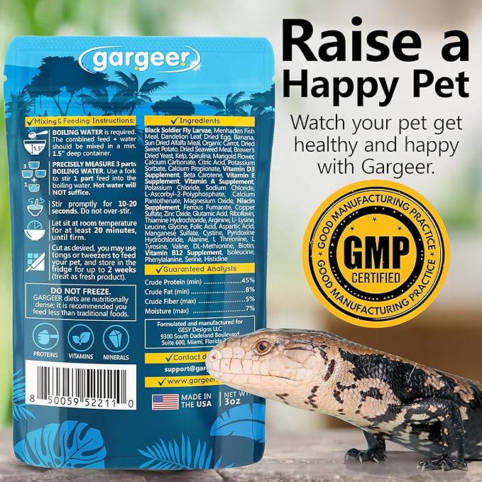 Gargeer 3oz Blue Tongue Skink Food. Complete Gel Diet for Both Juveniles and Adults. Proudly Made in The USA, Using Premium Ingredients, Fortified Gourmet Formula. Enjoy!