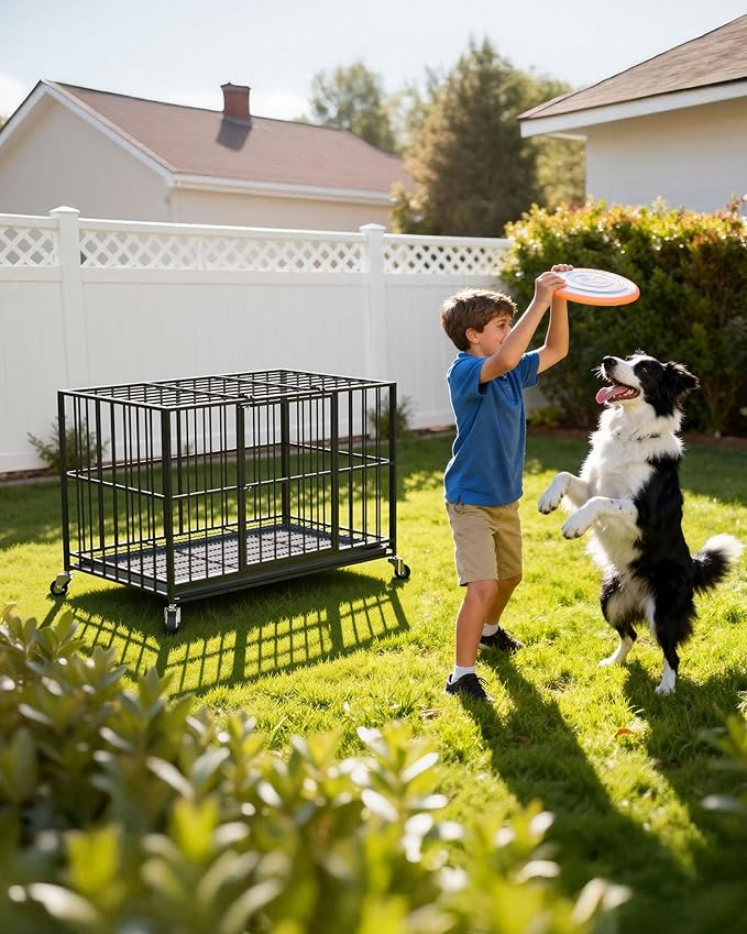 38 in Heavy Duty Dog Crate Steel Escape Proof, Indoor Double Doors and Lockable Wheels,Removable Tray, for Small and Medium Dog Breeds