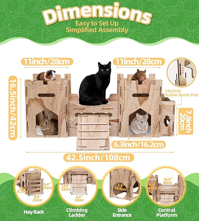 HIIMALEX Extra Large Wooden Bunny Castle House Multistory Climbing Tower Hideout Ventilated Sturdy Habitat for Rabbit Guinea Pig Chinchilla Ferret