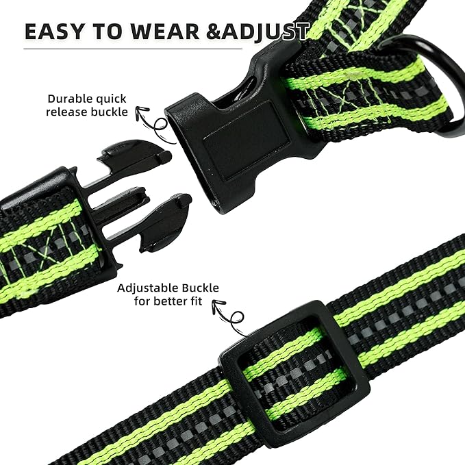 Mile High Life Night Reflective Double Adjustable Band Nylon Small Puppy Pet Dog Combo Collar Leash and Harness Set (Reflective Stripe Lime Green, Small (Pack of 3))