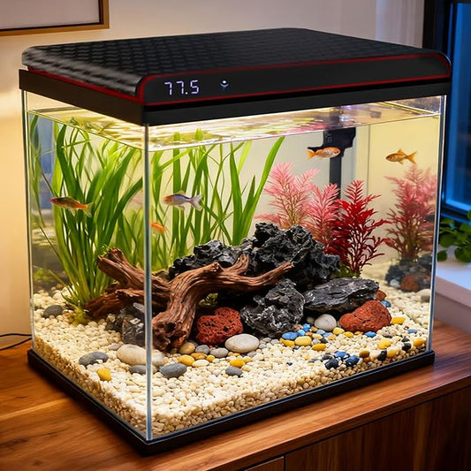 Coospider 10 Gallon Glass Fish Tank, Aquarium Starter Kit, Simple Self-Cleaning Aquarium with 3-Color LED Lights, Quiet Filter Pump, Temperature Monitoring for Fish, Shrimp, Kids Gift Ideas