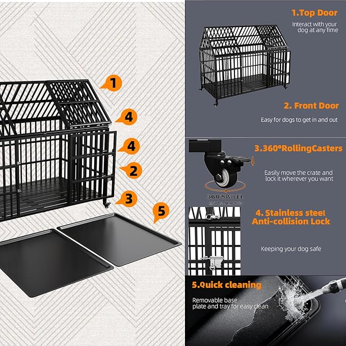 58 inch Heavy Duty Indestructible Dog Crate, New Upgraded Reinforced for Large Dogs,XXL Dog Crate for High Anxiety Dogs/Max Load Capacity 250lbs/Double Door with Wheels
