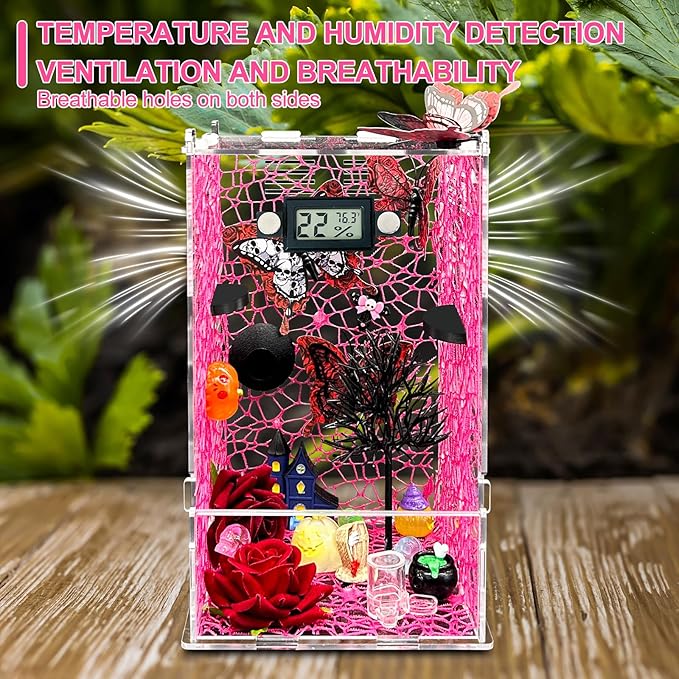 Jumping Spider Enclosure,DIY Insects Habitat,Small Reptile Terrarium Glass House Accessories Set,with Temperature and Humidity Detector Water Feeder Platform Hide,5.5“x5.5”x9.5“ (Pink)