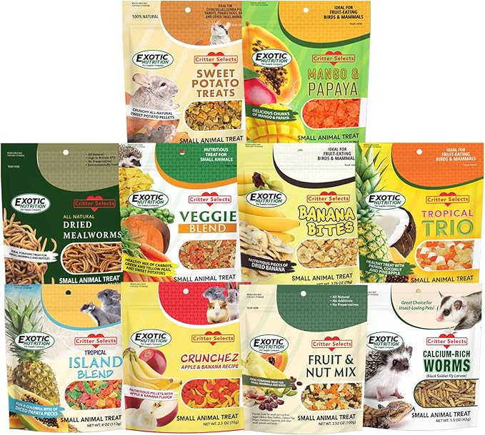 Treat Assortment 10 Pack - Healthy Treat with Mix of Dried Fruits, Dried Insects, & Crunchies - Sugar Gliders, Rats, Chinchillas, Parrots, Guinea Pigs, Hamsters, Small Animals - Sample Variety