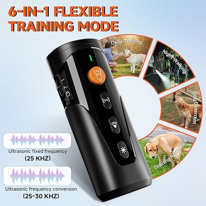 URCHIN Dog Bark Deterrent Device, 3X Ultrasonic Anti Barking Device 6 Modes Dog Trainer Rechargeable & Portable Safe Bark Control Indoor Outdoor for All Dogs with LED Flashlight - Black