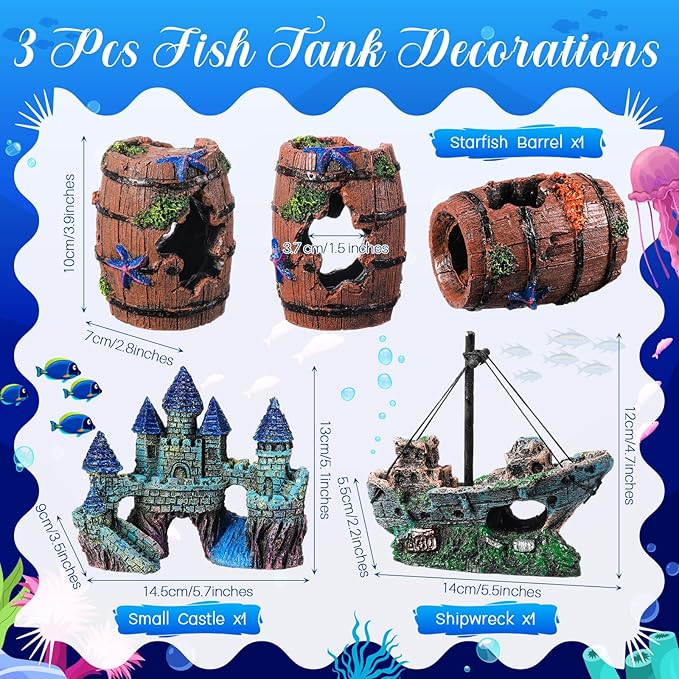 Zeyune 18 Pcs Aquarium Decorations Kit Fish Tank Decorations Set Small Resin Castle Sunken Ship Starfish Barrel Artificial Aquarium Plants for Fish Bowl