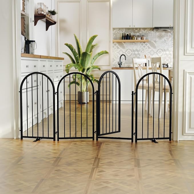 PUPETPO Full Metal Dog Gate with Door for Indoor Outdoor, 32" Tall Free Standing Pet Dog Fence, 72" Extra Wide Pet Gates for Stairs, Hallways, Doorways, Kitchen, Decks, Yards (Black, 4 Panels)