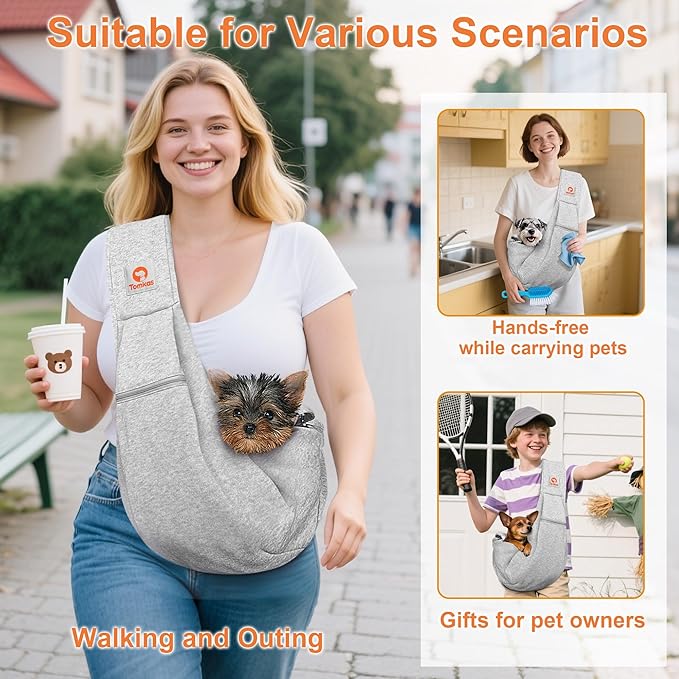 Tomkas Small Dog Sling Carrier - Zipper Pocket & Adjustable Strap & Zip Pocket - for 3-10 lbs Pets (Grey, M - Zipper Pocket & Classic Strap)