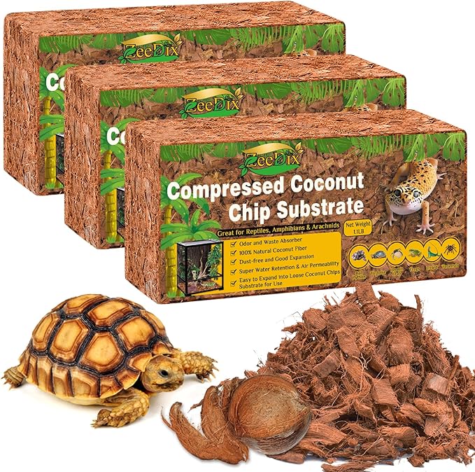 ZeeDix 3 Pack Coconut Husk for Reptiles, Organic Coconut Fiber Reptile Terrarium Substrate, Coco Husk Chips Reptile Bedding for Snakes, Tortoises, Ball Python, Geckos, Lizards, Hermit Crab, Tarantula