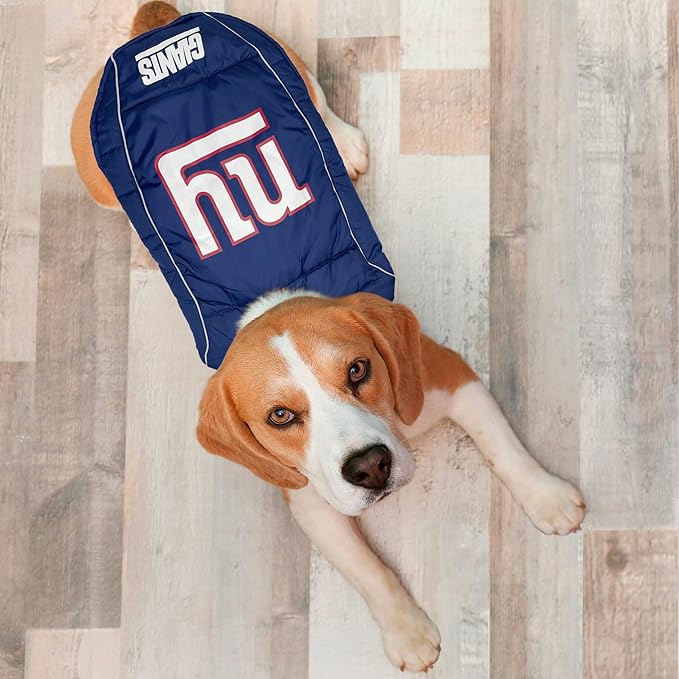 NFL New York Giants Puffer Vest for Dogs & Cats, Size Small. Warm, Cozy, and Waterproof Dog Coat, for Small and Large Dogs/Cats. Best NFL Licensed PET Warming Sports Jacket