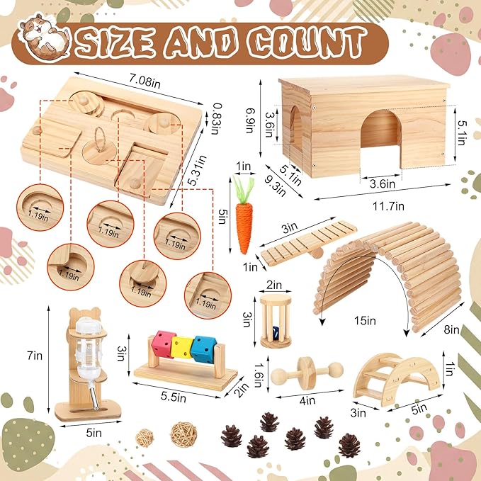 Leinuosen 19 Pcs Hamster Cage Accessories Toy Set Large 12*9*7 Inch Wood House with Window and Water Bottle with Stand Foraging Toy Hideout Hamster Climbing for Starter Guinea Pig Small Animal Habitat