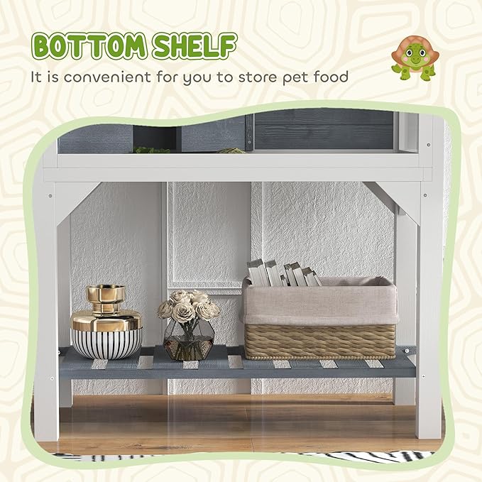 PawHut Tortoise Habitat with Storage Shelf, Wooden Tortoise Enclosure with Clear Windows, Lamp Holder, Openable Top, Built-in Tray, Reptile Cage for Indoor Outdoor Use, Gray