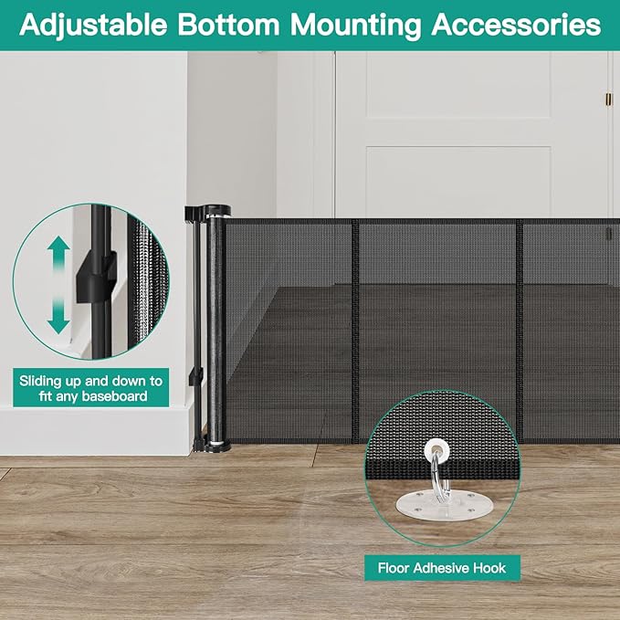 24 Inch Tall x 110 Inch Extra Wide Retractable Dog Gate for The House, Short Baby Gate to Step Over, Reinforced Mesh Puppy Gate for Doorways, Step Over Pet Gate for Stairs, Indoor/Outdoor, Black