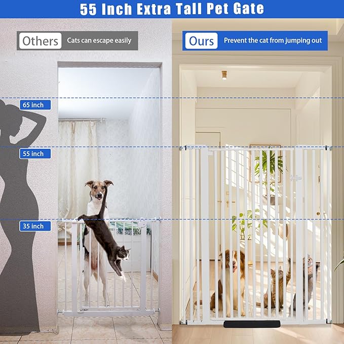 SHYUJAJIE 55 Inch Extra Tall Pet Gate for Cats,29.92"-43" Adjustable Wide Dog Gates,Pressure Mounted Walk Through Tall Pets Gate for Doorways,Hallway,Stairs(White)