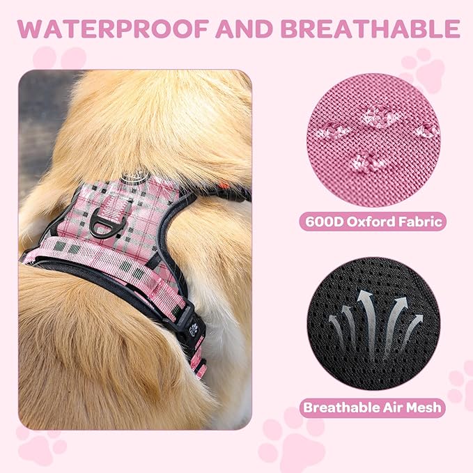 FURRYFECTION Plaid Dog Harness for Large Dogs, Reflective No Pull Adjustable Pet Vest with Front Clip, Leash, Easy Control Handle and Seat Belt, Pink&Black, XL