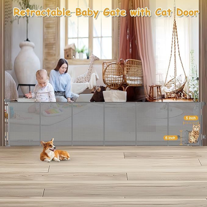 Reinforced 150 Inch Extra Wide Dog Gate with Cat Door 12.5 Ft Extra Long Baby Gates for Large Openings 33” Tall Retractable Pet Gates for Wide Openings Large Pet Gate with Cat Door, Gray