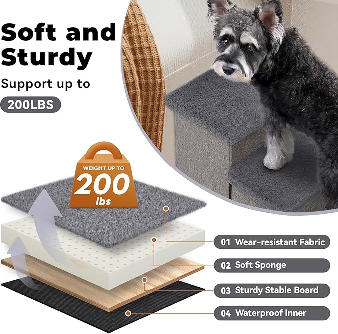 Zerbuger Dog Stairs with Furry Lids 18" H, 3-Step Wider Dog Steps with Storage for Small/Medium/Large Old Dogs Cats, Folding Sturdy Pet Stairs Climbing Bed Couch, Ramp for Car Hold Up to 200 lbs, Grey