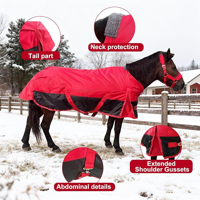 Mini Horse Pony Foal Horse Blankets,1600D Oxford Cold Weather Horse Trunout Sheets, Medium Weight Winter Horse Care Blankets with 280g Filling Liner (Red&Black, US 55 inch/EU 110 cm)