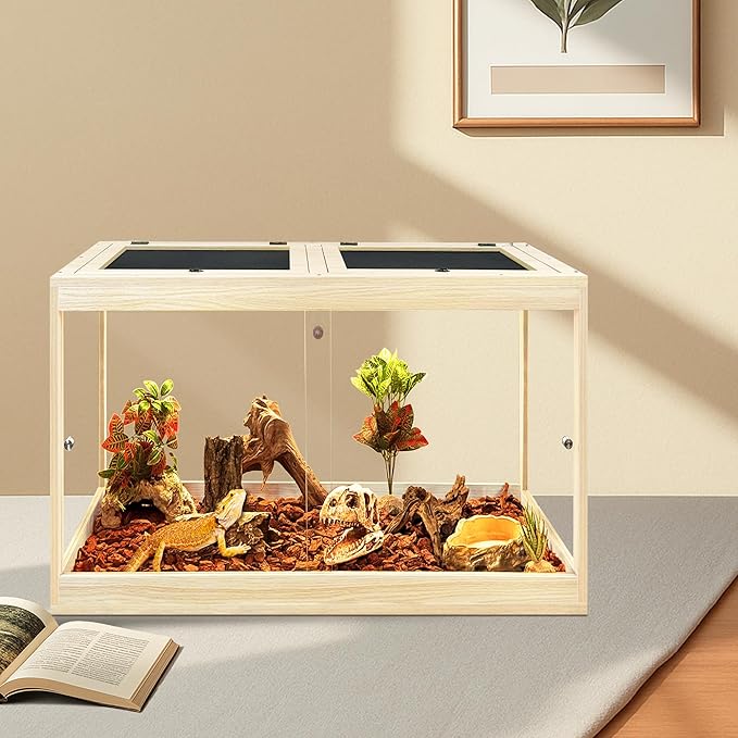 PROLEE Reptile Tank, 31 Gallon Beard Dragon Tank, Tempered Glass Reptile Encloure and Snake Tank with Locking Design for Lizard,Gecko,Chameleon (24"X15.5"X15.5",Oak)