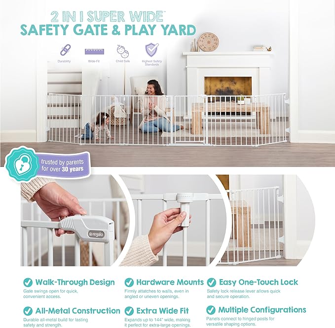 Regalo Safety 144" Super Wide Baby Gate & Play Yard, 2-in-1 Adjustable 6-Panel Safety Gate for Doorways & Large Openings, Hardware Mounted Gate for Babies, Toddlers & Pets