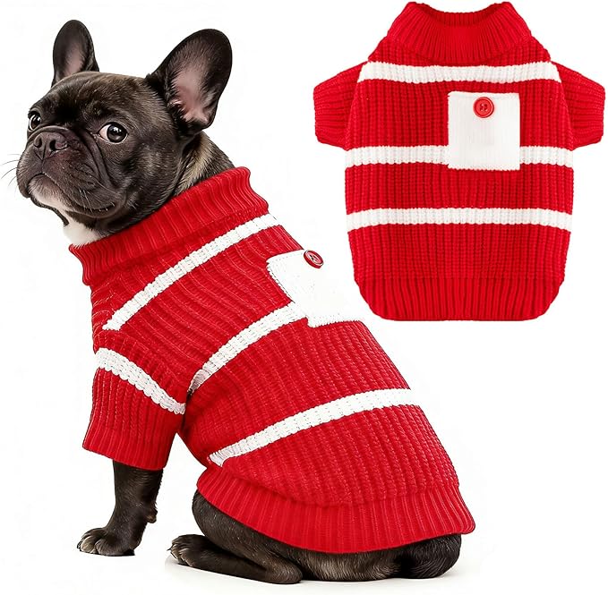 Small Dog Sweater with Cute Pocket Decoration, Striped Soft Stretchable Warm Puppy Clothes for Small Dogs Cats, French Bulldog, Chihuahua for Winter