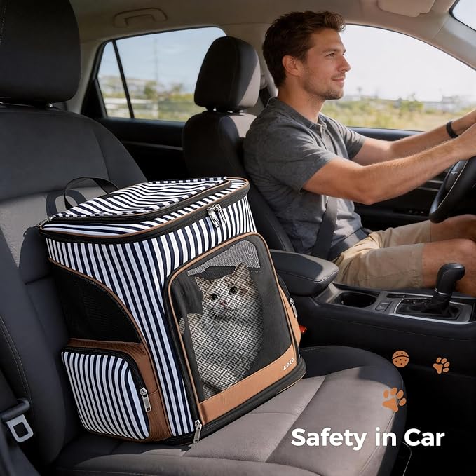 Lekereise Pet Carrier Backpack Expandable Cat Backpack for Small Dogs Cats, Dog Backpack Bag with Breathable Mesh and Inner Safety Leash, Striped