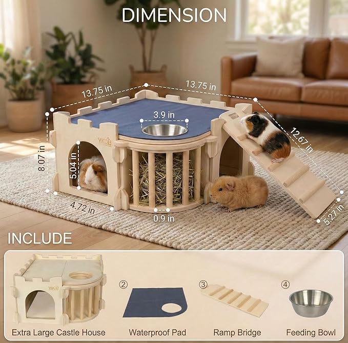 Large Guinea Pig Castle, Natural Wood Rabbit House with Ladder and Hay Feeder, Small Animal Hideout for Rabbit, Guinea Pig, Chinchilla, Hedgehog