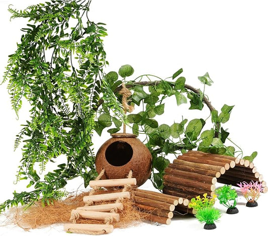 10PCS Crested Gecko Tank Accessories, Reptile Plants Bridge Vines, Coconut Shell with Ladder for Lizard, Chameleon Cage, Snakes, Hermit Crab, Leopard Gecko Tank Accessories, Terrarium Decor