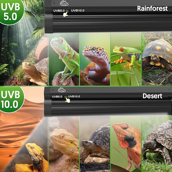 QZQ T5 UVB Reptile Light Fixture Combo Kit 8W, UVB Light for Reptiles with Switchable 5.0 & 10.0 UVB Output, Terrarium Hood Lamp for Bearded Dragon, Snake, Gecko, Tortoise, Lizard