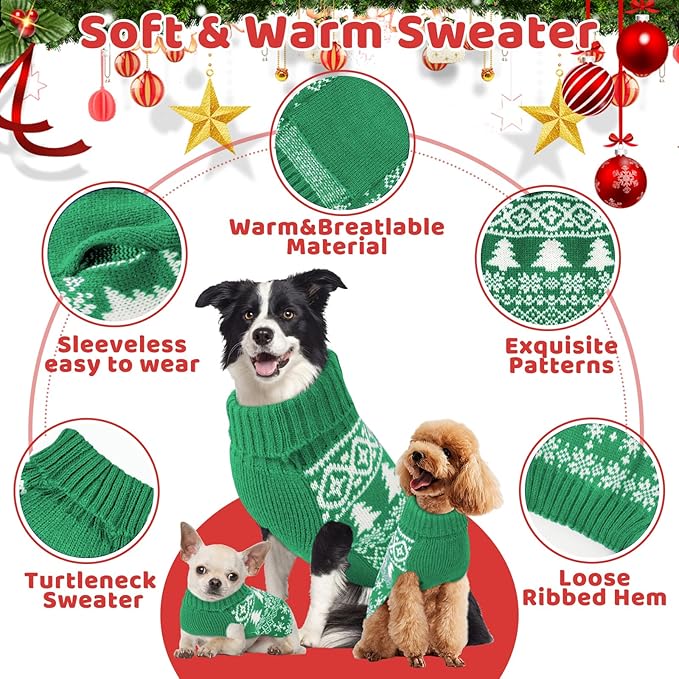 Christmas Dog Sweaters for Small Medium Large Dogs and Cats,Pet Soft Warm Holiday Outfit Girl & Boy,Pup Winter Clothes Turtleneck Double Knitting Collar for Outdoors Playing（Green，XS