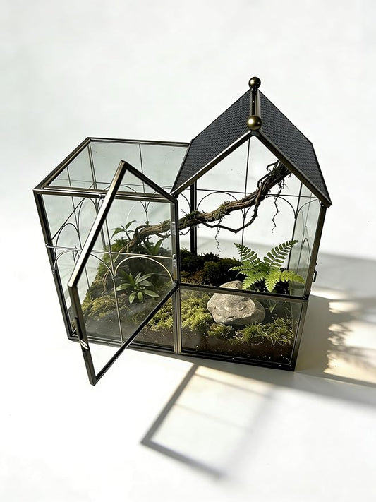 Ready-to-Use Glass Terrarium with Vents, 8.66"x4.72"x8.46" House-Shaped Habitat for Jumping Spider,Praying Mantis,Snails,or Succulent Plants - Home Garden Tabletop Decor Enclosure (Dark Gunmetal)