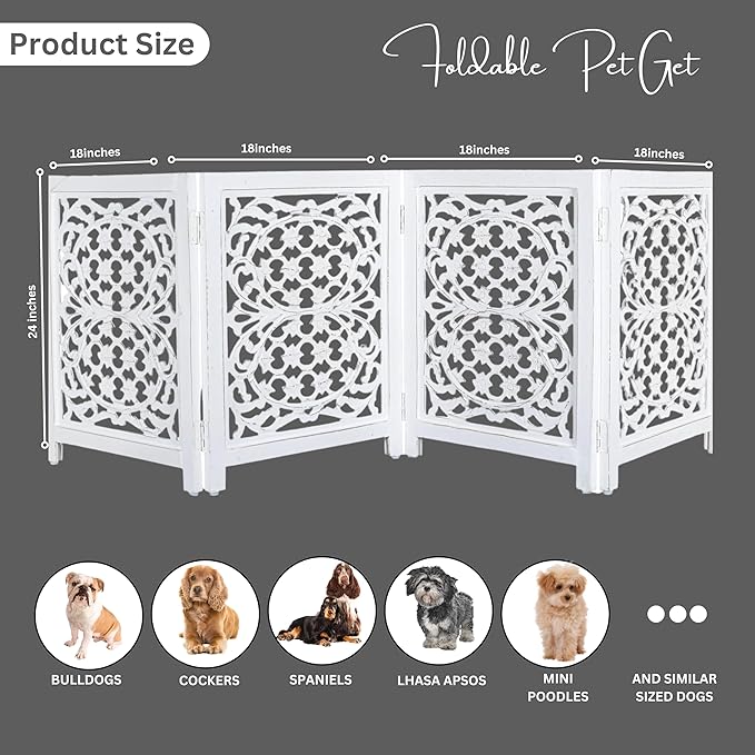 Lightnpro Foldable Carved Wooden Dog Gate with Stopper - Freestanding Indoor Pet Barrier for Home, Adjustable Dog Fence for Stairs, Doorways & Hallways - 24x18 Inch (4 Panels) Antique White
