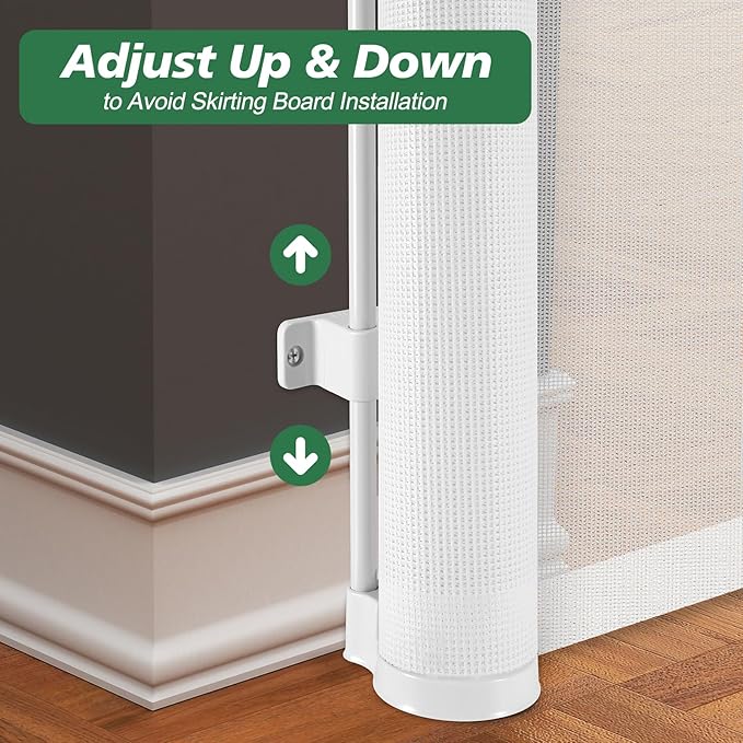 Reinforced 24 Inch Tall Retractable Baby Gates for Dogs, Short Dog Gates to Step Over, Expands 0-55 Inches Wide, Mesh Pet Gate with Support Rods, Small Puppy Gates for the House, White