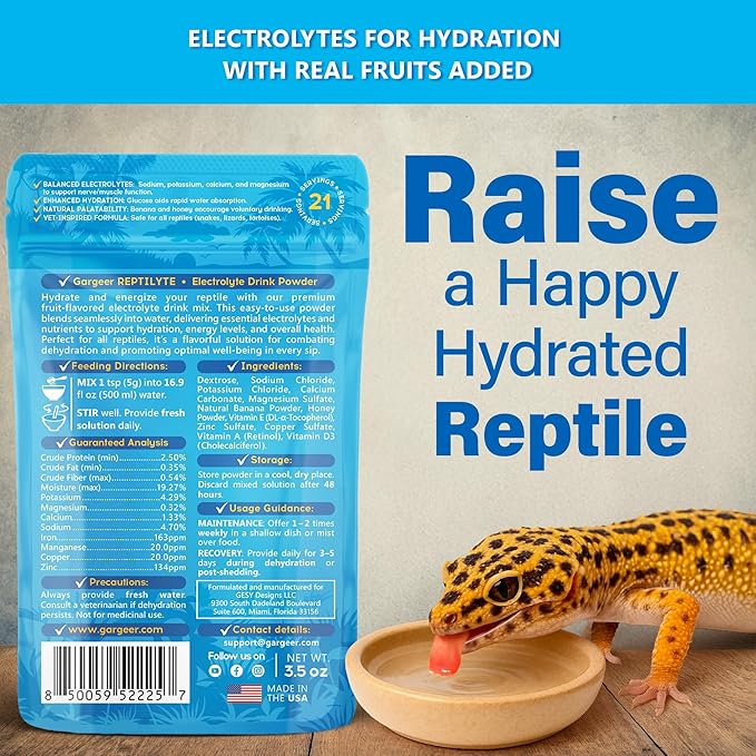 Gargeer 'ReptiLyte' Electrolyte Drink Supplement with Fruit for Reptiles | Hydration & Palatability Boost | Bearded Dragons, Geckos, Lizards, Tortoises | Made in USA. Enjoy!