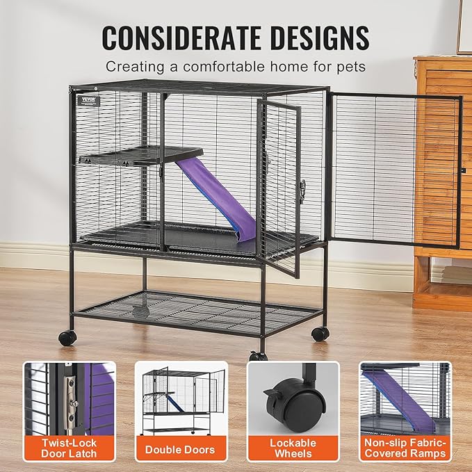 VEVOR 39" Rolling Metal Ferret Cage, Large 2-Tier Cage, Small Animal Cage with Ramps & Tray, Easy to Set up for Pet Mice, Hamster, Guinea Pig, Chinchilla, Squirrel, Hedgehogs, Bunny