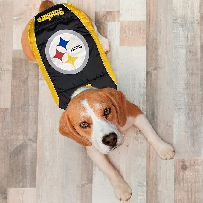 NFL Pittsburgh Steelers Puffer Vest for Dogs & Cats, Size Small. Warm, Cozy, and Waterproof Dog Coat, for Small and Large Dogs/Cats. Best NFL Licensed PET Warming Sports Jacket