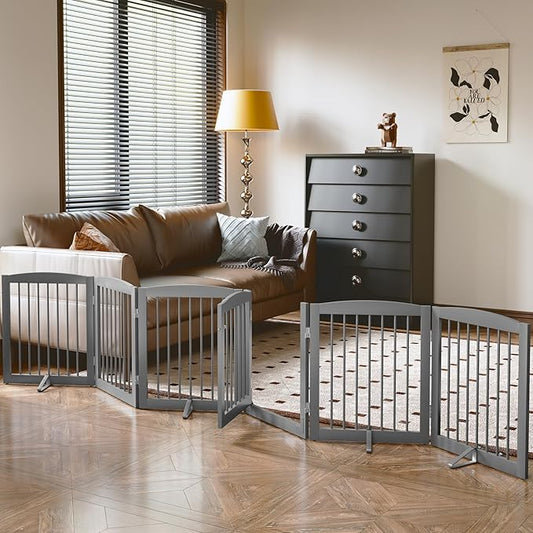 PUPETPO Freestanding Pet Gates with Walk Through Door, Dog Indoor Fence, Dog Gate for The House, Doorway, Stairs, Extra Wide Pet Gate, Support Feet Included, 120 Inch Wide, 6 Panels 24" Tall, Gray