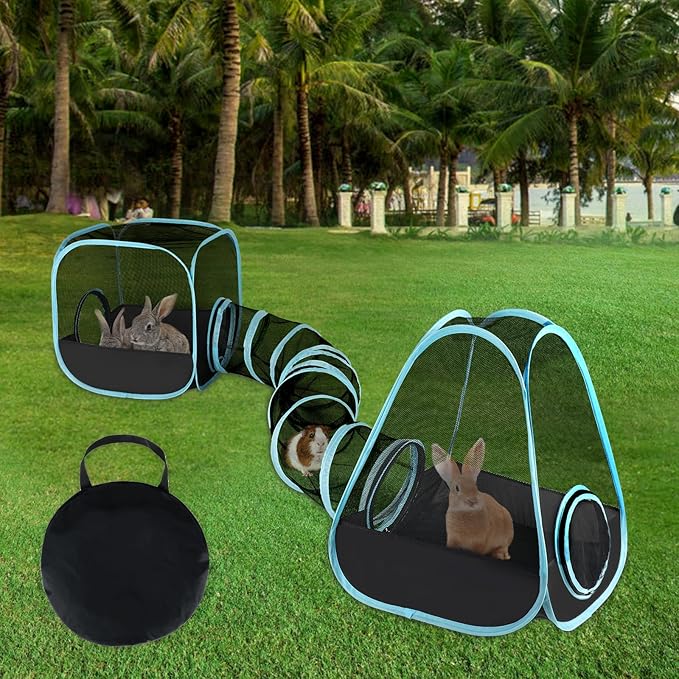 Rabbit Playpen with Tunnel, Breathable & Transparent Rabbit Playpen Pop Open Tent with Tube for Dwarf Rabbits,Ferret, Small Animal Playpens Bunny Tunnels Exercise Play Indoor or Outdoor