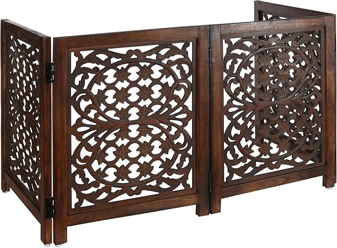 Lightnpro Foldable Carved Wooden Dog Gate with Stopper - Freestanding Indoor Pet Barrier for Home, Adjustable Dog Fence for Stairs, Doorways & Hallways - 24x18 Inch (4 Panels) Natural Burnt