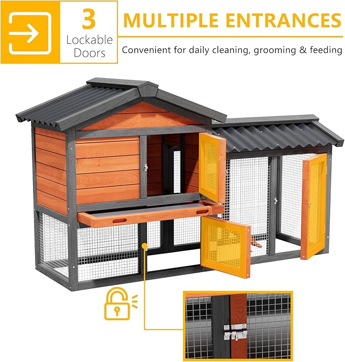 Chicken Run Coop, Wooden Duck Coop Outdoor 2-Tier Hen House All Weather Used Poultry Quail Cage Rabbit Hutch Pet Hideout with Ramp for Small Medium Animals-Expandable Design (Brown)