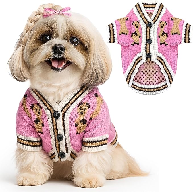 ABRRLO Small Dog Sweaters Cute Bear Dog Cardigans Clothes for Small Medium Dogs Boy Girl Puppy Cat Knitting Cardigan Outfits Dogs Winter Coats Warm Pet Doggy Clothes Soft Knitwear (Pink, X-Small)