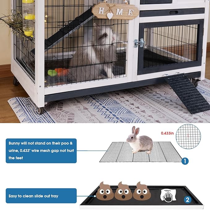 FunXplore Rabbit Hutch Indoor Bunny Cage Outdoor with Urine Guards 2 Storey Mobile Guinea Pig Cage Weatherproof Asphalt Roof Wire Bottom 2 Trays