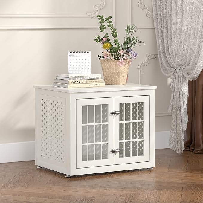 rehomerance 26" Heavy Duty Dog Crate Furniture for Small Dogs, Metal Kennel for High Anxiety Dogs, Chew Proof Pet Cage Indoor, Decorative Kennel End Table, White