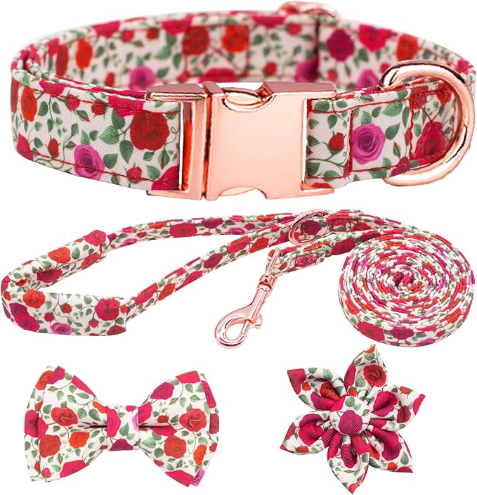 Dog Collar and Leash Set Girls Adjustable Puppy Collars with Floral Bow Tie for Small Medium Large Female Dogs, Red Rose, L
